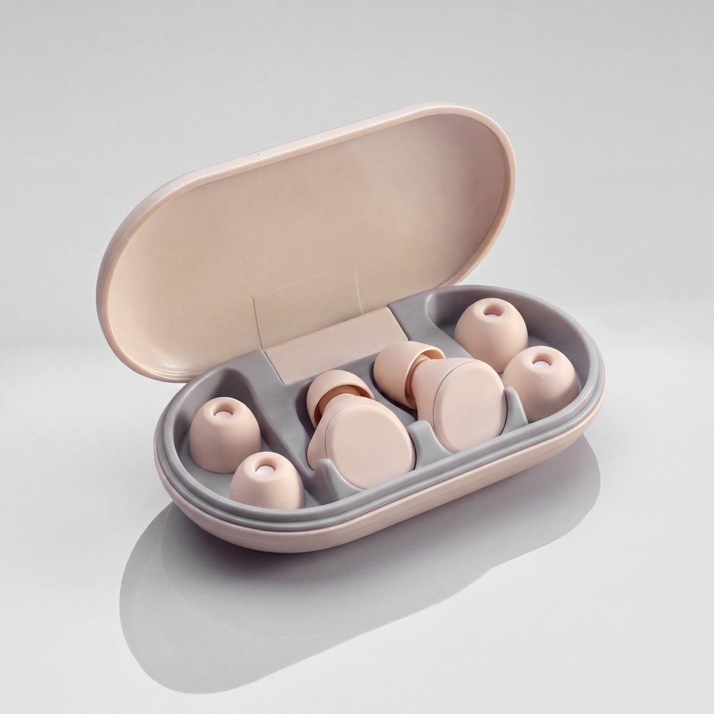 Vespré Rest in Ivory, case open with both earplugs and spare tips
