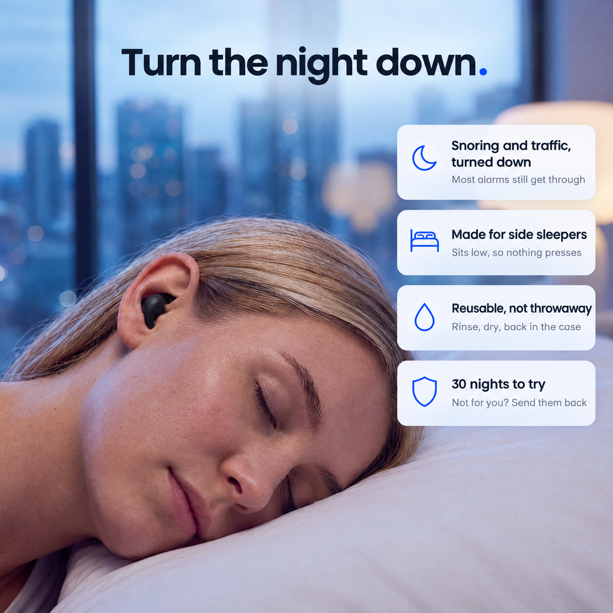 Turn the night down: a woman asleep on her side wearing Wing. Snoring and traffic turned down, made for side sleepers, reusable, and 30 nights to try.