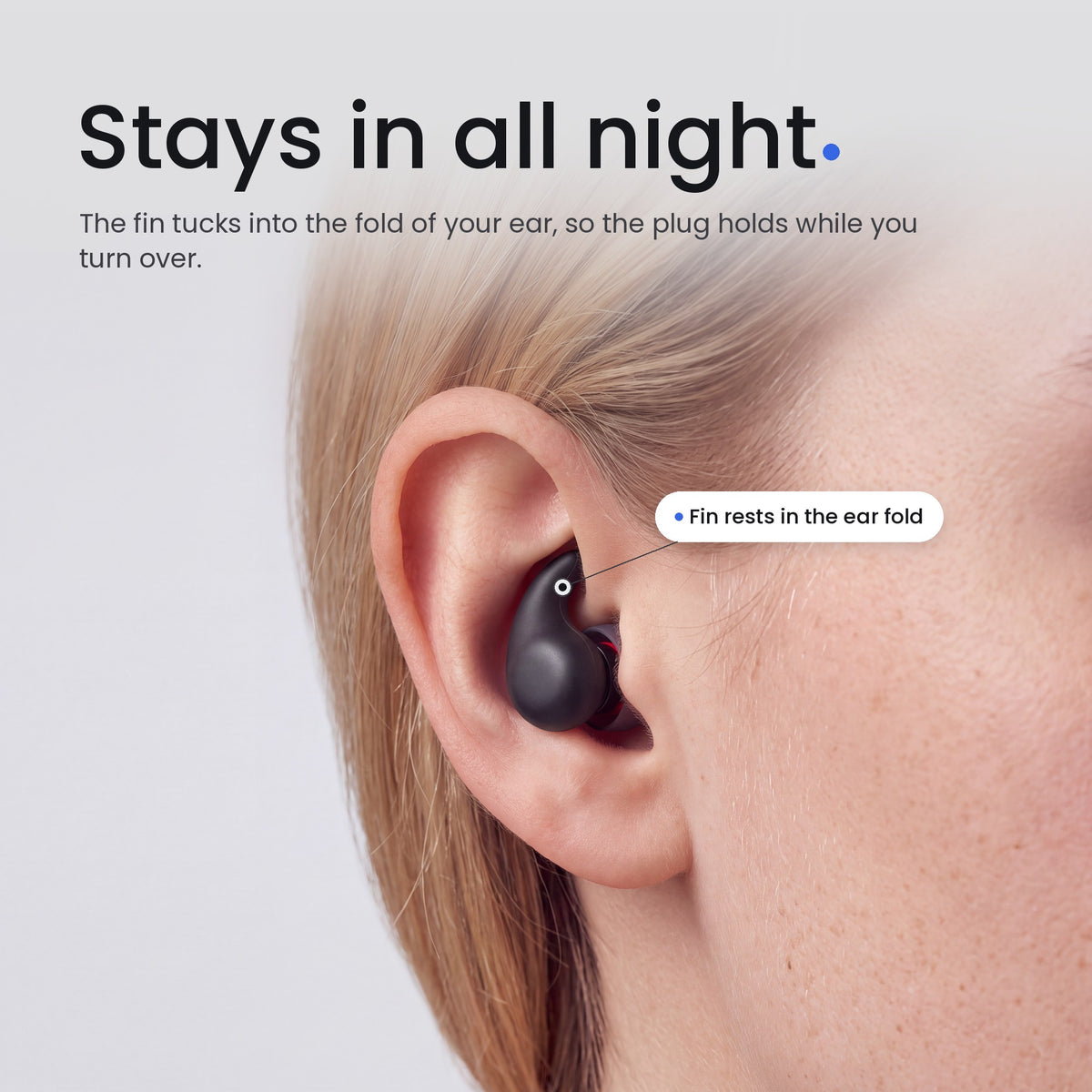 Stays in all night. The fin tucks into the fold of your ear, so the plug holds while you turn over.