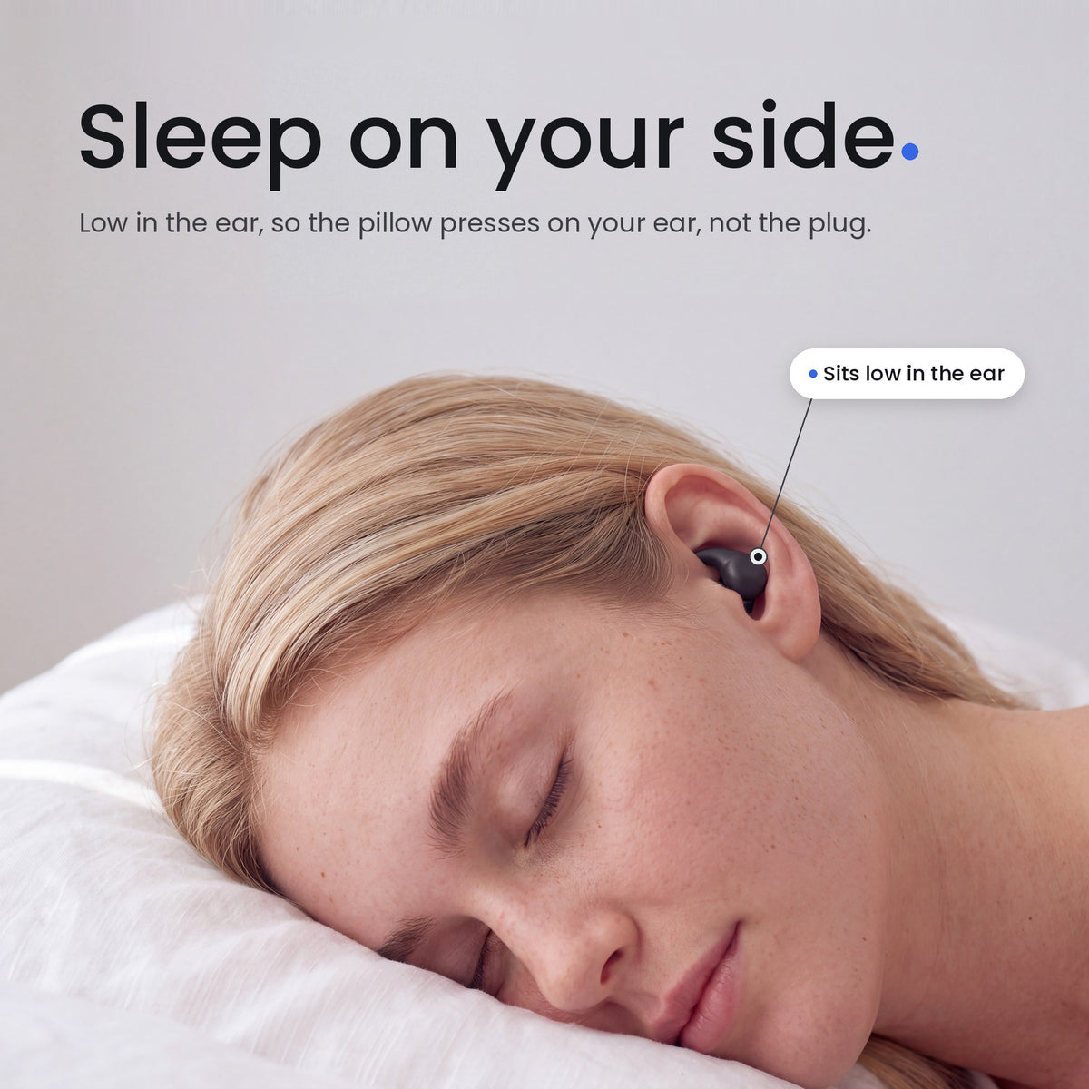 Sleep on your side. Low in the ear, so the pillow presses on your ear, not the plug.