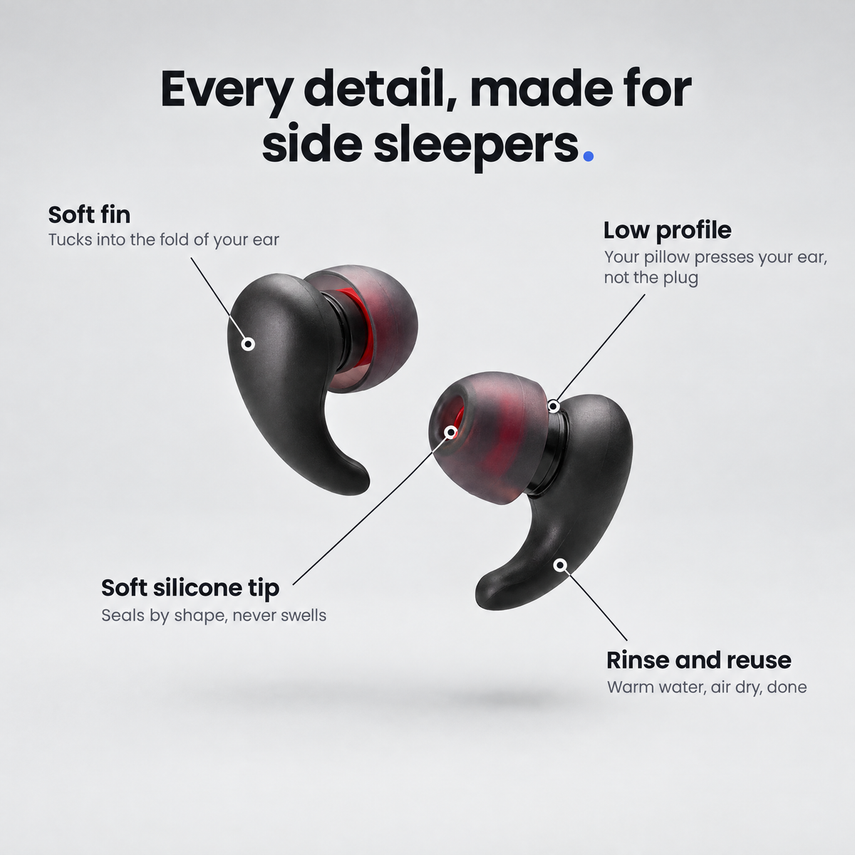 Every detail, made for side sleepers: a soft fin that tucks into your ear, a low profile, a soft silicone tip, and you rinse and reuse it.