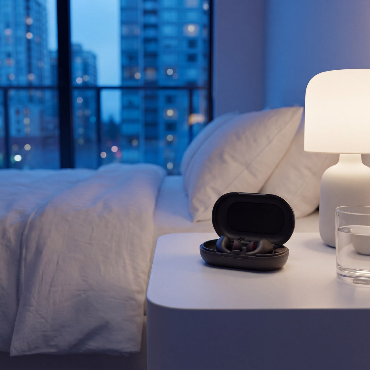 The open Vespré Wing case with both earplugs on a white bedside table at dusk