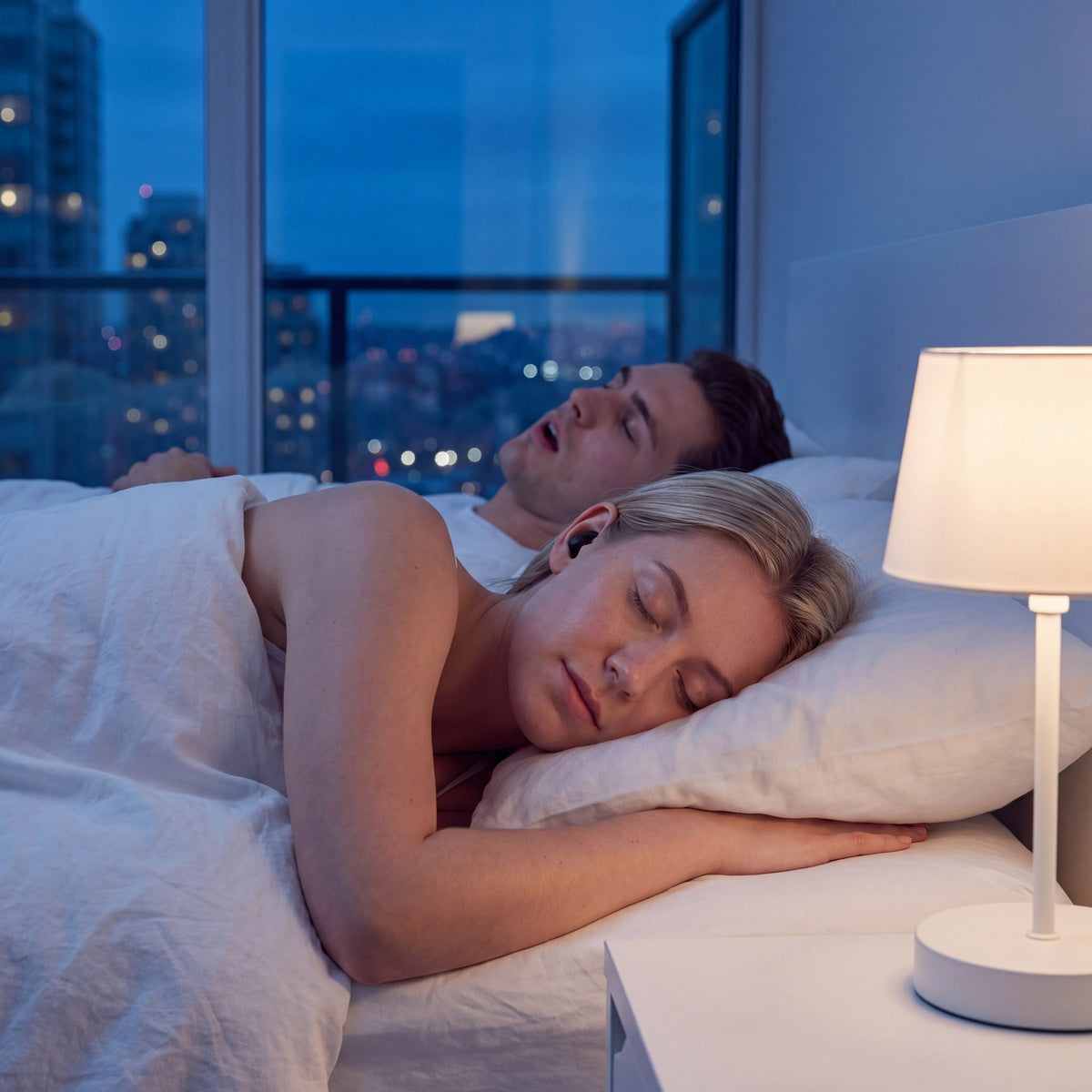 A couple asleep in a city apartment, the woman wearing a Vespré Wing earplug while her partner snores