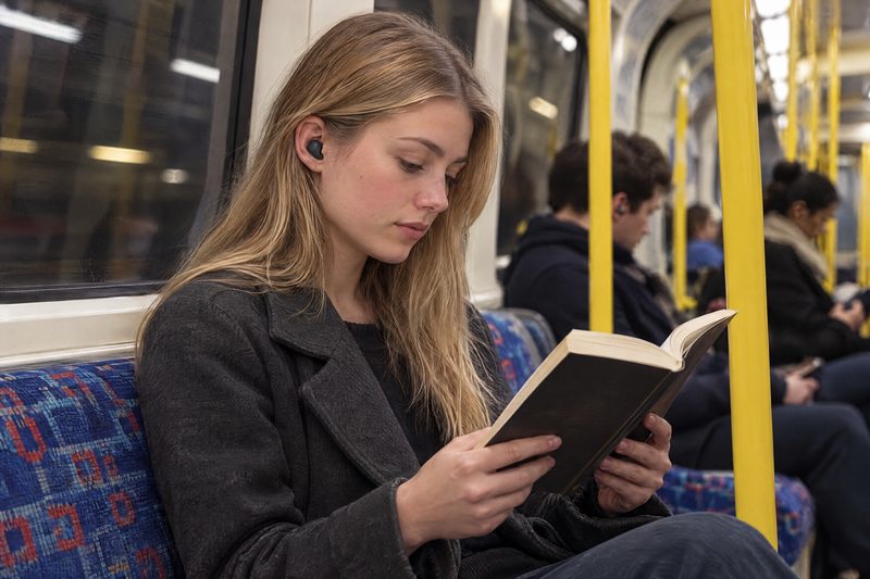 Woman reading a book on a London Underground train, wearing a black Vespré Wing earplug.