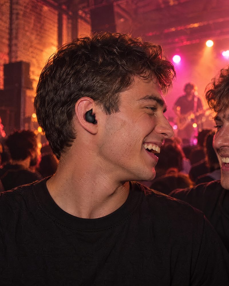 A young man laughing at a crowded gig, wearing a Vespré Wing earplug
