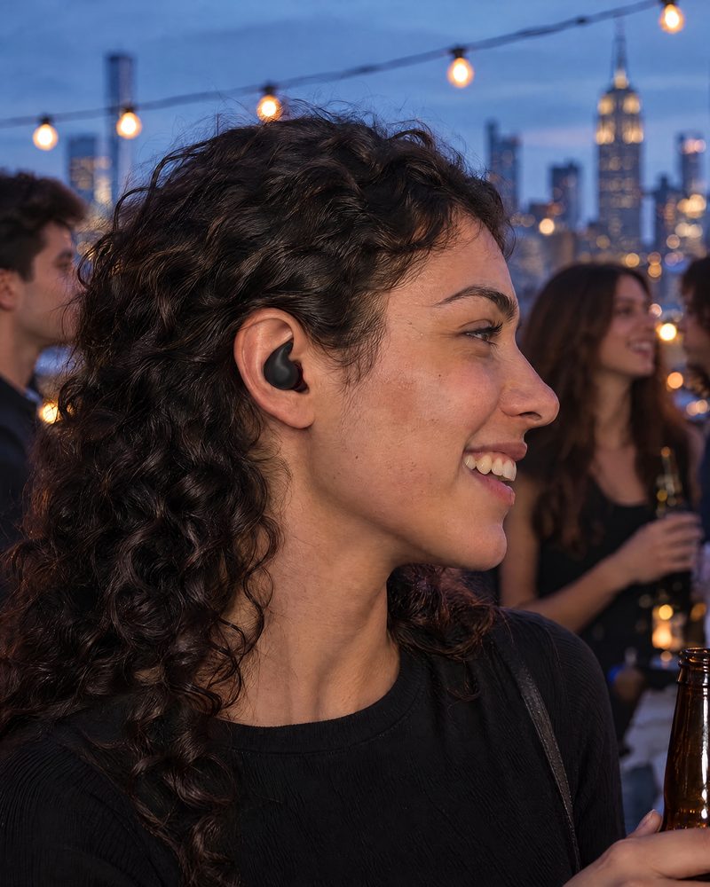 A young woman smiling at a rooftop party in New York, wearing a Vespré Wing earplug