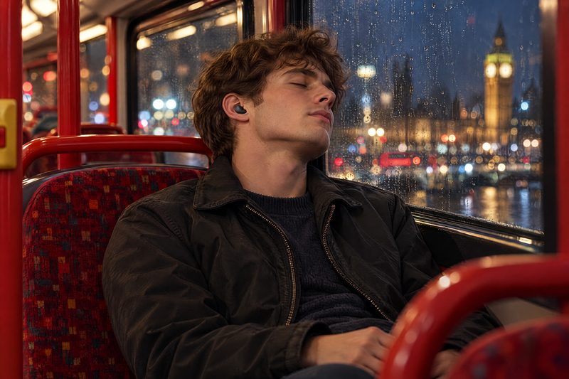 Man resting his head on the window of a London night bus, wearing a black Vespré Wing earplug.